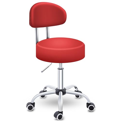 TRESKO® Rollhocker mit Lehne Rot | Arbeitshocker höhenverstellbar 46-58 cm | Drehhocker mit Rollen | Bürostuhl Hocker Drehstuhl Kosmetikhocker TRESKO® Rollhocker mit Lehne Rot | Arbeitshocker höhenverstellbar 46-58 cm | Drehhocker mit Rollen | Bürostuhl Hocker Drehstuhl Kosmetikhocker
