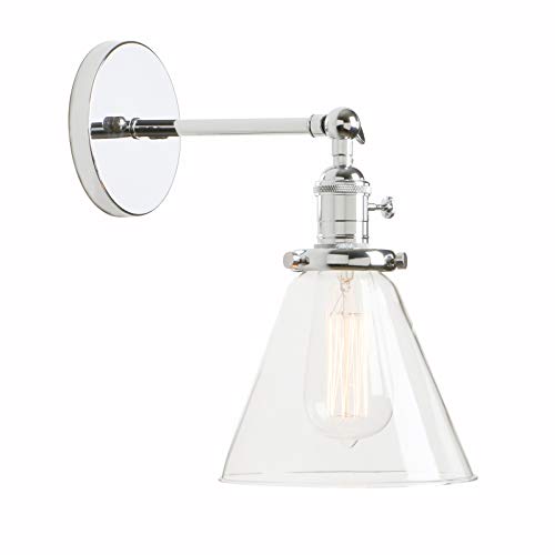 Image of PERMO Industrial Wall Sconce Lighting with On /Off Switch Funnel Flared Clear Glass Hand Blown Shade (Chrome)