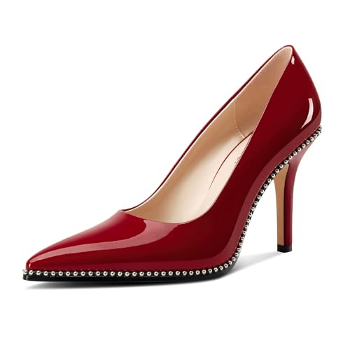 Image of TNYNFBEB Womens Stiletto Mid Heel Pointed Toe Pumps Slip-on Sliver Beaded Prom Wedding Dress Basic Classic Patent Leather 3.5 Inches Heels