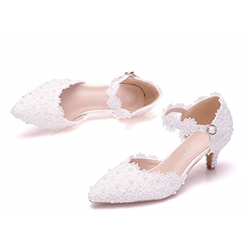 ChaiRong Zhou Women Classy Wedding Pumps, Pointy Toe Lace Flower Mid Heel Stilettos Slip on Dress Bridal Shoes2
