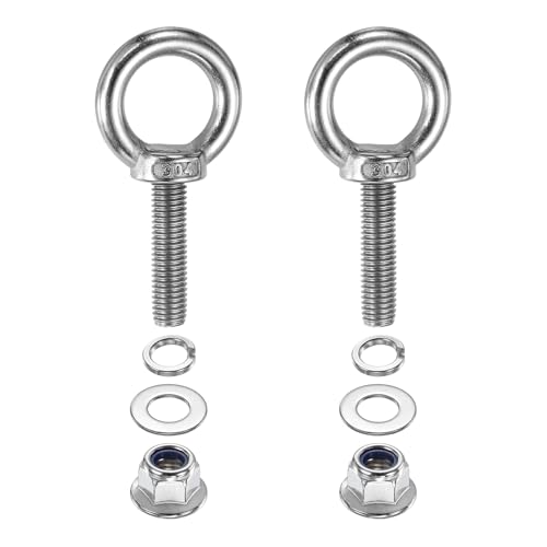 Image of PATIKIL M10 x 40mm Shoulder Eye Bolt, 2 Pcs 304 Stainless Steel Lifting Ring Threaded Eye Bolt with Flange Lock Nuts Spring and Flat Washers for Hanging Tie Down Straps Outdoor Indoor