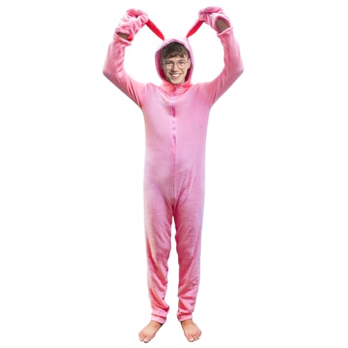 XonyiCos Pink Christmas Jumpsuit Easter Bunny Rabbit Costume Pajamas Adult Fluffy Deranged Ears with Gloves