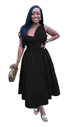 Image of YUEWOO Midi Dresses for Women Casual Summer Sundresses Vacation Outfits Spaghetti Strap Smocked Women Maxi Dress with Pockets