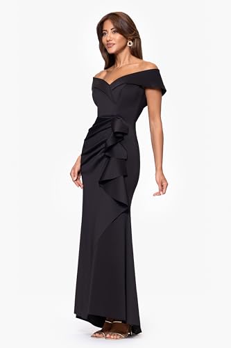 Image of Xscape Women's Long Off-the-Shoulder Sweetheart Neckline Formal Evening Gown with Ruching and Draped Ruffle Detail