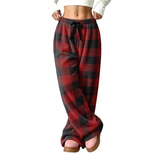 Women Pajama Pants Wide Leg Fluffy Buffalo Plaid Flannel Fuzzy Pants - image 5