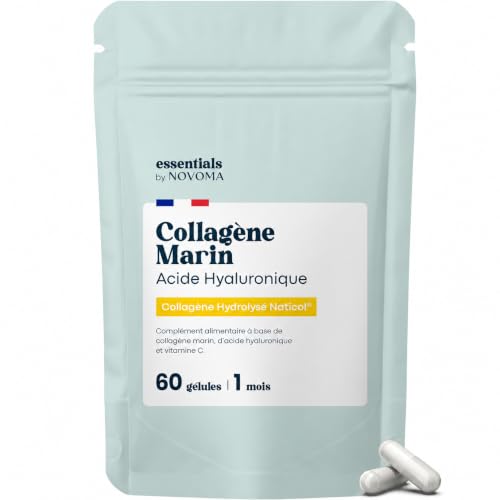 Collagene Marin + Acide Hyaluronique & Vitamine C - 60 Gélules pour 1 Mois - Collagène Hydrolysé Naticol® de Type 1 - Fabriqué en France - Essentials by Novoma