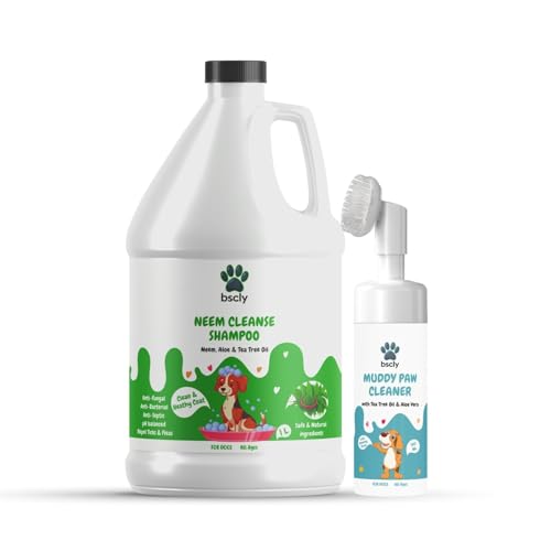 Image of Bscly Neem Pet Shampoo + Paw Cleaner - Ticks & Fleas Prevention, Enriched with Aloe & Coconut Oil, Ph Balanced Dog Shampoo, Heals Skin - Combo Pack of 2