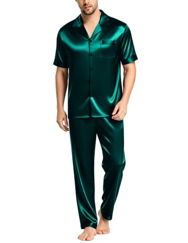 Image of SWOMOG Mens Satin Pajama Set Short Sleeve Classic Sleepwear Button Down Silky Loungewear with Long Pants