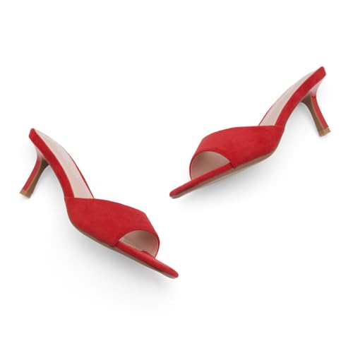 Image of Shoe Land Women's Low Heels Stiletto Heeled Slides, Open Toe One Band Slip-On Heeled Mules - Dressy Heeled Sandals for Prom, Party Wedding and Vacation