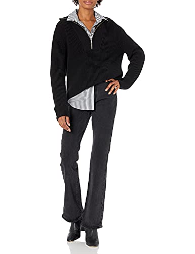 Image of Cable Stitch Women's Half Zip Cotton Pullover Sweater - Solid V-Neck Collar Loose Rib-Knit Long Sleeve Top