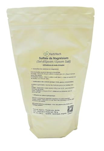 FertilTech Sulfato de Magnesio (Sal de Epsom) 750 g – Estimula el Crecimiento de las Plantas y Corrige Deficiencias de Magnesio | Huerto, Césped, Flores, Jardín, Hidroponía y Follaje