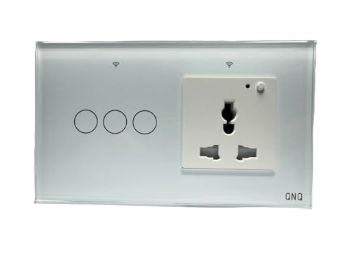 Image of QNQ SMART WiFi TOUCH SWITCH 3 SWITCHES + 1 UNIVERSAL SOCKET (10 amps each) 800 WATT /SWITCH GLASS : Elevate Your Home with Effortless Control Home Automation. fits in 4 module concealed board (WHITE)