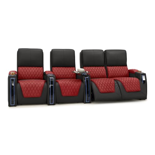 Image of Seatcraft Apex Red /Black Italian Leather Home Theater Seating, Zero Gravity Power Recliner Chair, Powered Headrest and Lumbar Gaming and Lounge Sofa Furniture for Cinema Room, Row of 4 Right Loveseats
