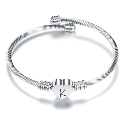Suonie Plata Amor Corazón 26 Letra Inicial Alfabeto A-Z Pulsera Joyería Regalo Ajustable Para Hija Hijo Hermanas Amigos Madre Colega Amante Cumpleaños Navidad (K)