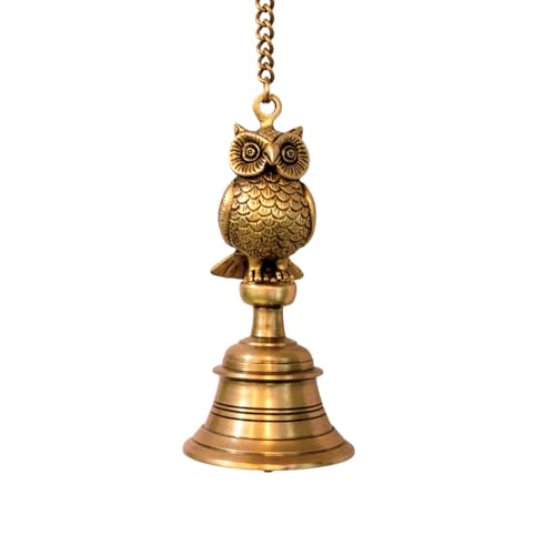 Image of ExclusiveLane 'Royal Owl' Brass Decorative Hanging Bell (100% Pure Brass, 66.2 Cm, 1.21 Kg, Hand-Etched) | Bells for Mandir Hanging Bells for Pooja Room Temple Bells for Mandir