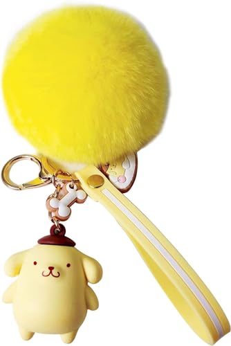 PaPiJoJo Cute Keychains for Women/Girls, Kawaii Pom Pom Fuzzy Key Chain Accessories Wristlet Cartoon Keychain for Backpack Car Keys (Yellow)