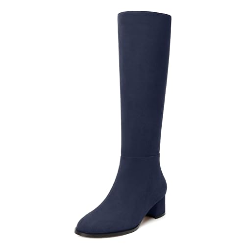 JUSTDANNI Boots for Women Knee High Boots with Low Chunky Block Heels Round Toe Fall Tall Long Boots for Women Party Wedding Work Dating 2 Inches Heeled Boots with Side Zipper