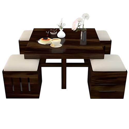 Image of Loonart Solid Sheesham Wood Coffee Table with Four Cushioned Stools | Idel for Living Room | Cafe | Restaurant | Space Saving Indoor Table Set | Finish Color - Brown Teak Finish | Off White Cushion |