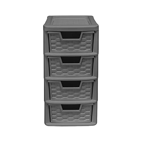 4 Drawer Small Rattan Tower Unit - Grey, Single Unit - 38.5cm (H) x 19cm (W) x 26cm (D)