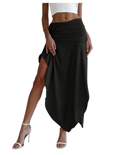 SOLY HUX Women's Ruched Asymmetrical Split Skirt Casual Maxi Skirts