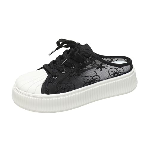 Womens Sandals Mesh closed toe half slippers for women summer round toe mid heel lazy slip-on lace-up casual shoes