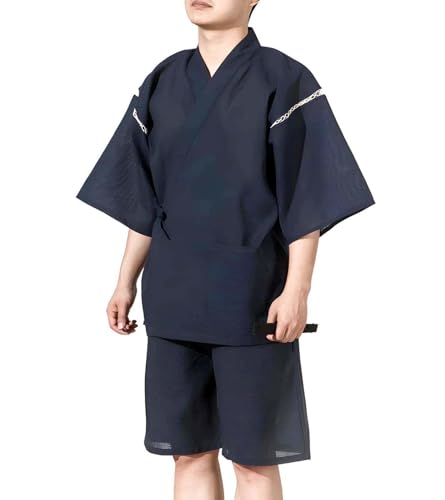 Men's Kimono Japanese Shirt and Shorts Suit, Cotton Linen Loungewear Lounge Set Spa Bathrobe, Navy