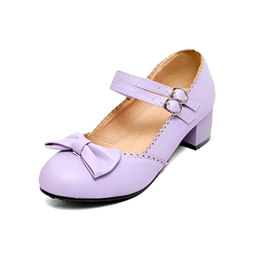Hello Shero Women's Kawaii Lolita Shoes Sweet Mary Jane Pumps with Bow Round Toe Block Low Heel Ankle Strap Buckle Cosplay Shoes
