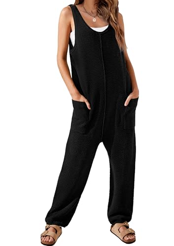 Image of WIHOLL Womens Casual Loose Knit Jumpsuits Sleeveless V Neck Romper with Pocket and Long Pants Overalls