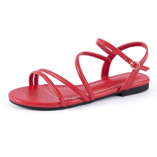 Image of Mtzyoa Women Flat Sandals Dressy Strappy Gladiator Summer Ankle Strap Nude Open Toe Comfortable Wedding Casual Leather Ladies Party Trendy Vacation