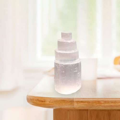 ZoraYorce Lámpara de torre de selenita natural, cristal transparente, adornos, manualidades, piedras preciosas, artesanía