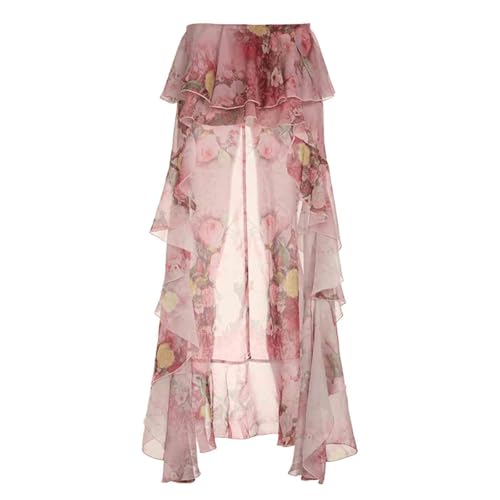 Women's Vacation Long Skirt with Floral Print, Double Layered Irregular Floor Mopping Ruffle Edge Skirt