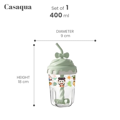 Image of Glass Tumbler with Lid & Straw - 400ml, Set of 1, Cute Bow Handle Sipper Cup, Glass Drinking Cup for Water, Juice, Milk & Smoothies, Cartoon Printed Kids Cup (Receiving Random Color)