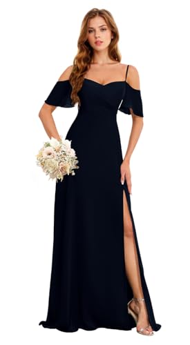 Image of A Line Chiffon Bridesmaid Dress for Woman 2025 Navy Blue Long Pleated Mermaid Formal Evening Gown US10 HGR93