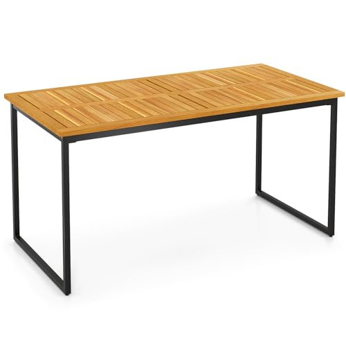 GOPLUS Table Salle Manger Exterieure 140 CM, Grande Table Jardin en Bois Acacia 6 Personnes avec Plateau Lattes, Trou pour Parasol de 5 CM, pour Balcon (Pieds...