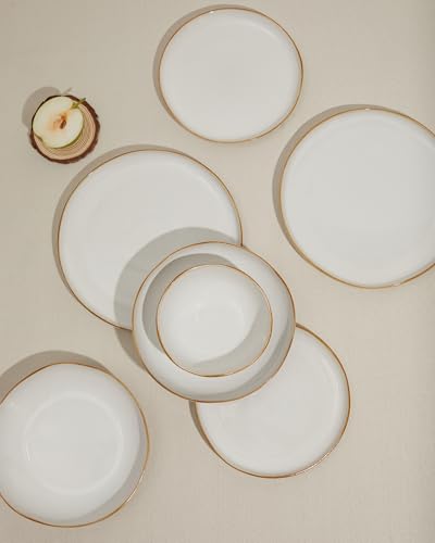 Image of 24 Pieces Dinnerware Set for 6 with Pasta Bowls, Complete Ceramic Dish Set, Stackable & Glossy Stoneware Plate and Bowl Set for Effortless Everyday Hosting, White