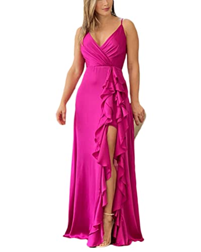 shownicer Robe de Soiree Femme sans Manches Longue Élégante Robe Casual Été Sexy Maxi Robe de Cérémonie Party Mariage Cocktail C Rose L