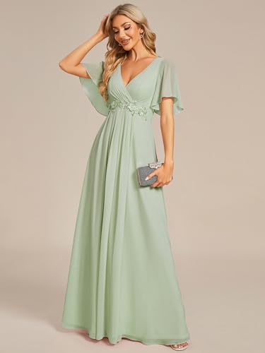 Image of Ever-Pretty Womens V Neck Applique Mother of the Bride Dresses Formal Dress | Chiffon, Short Sleeves, Ruched, A-Line, Bridesmaid Dresses, Formal Gown, Black Tie Dress
