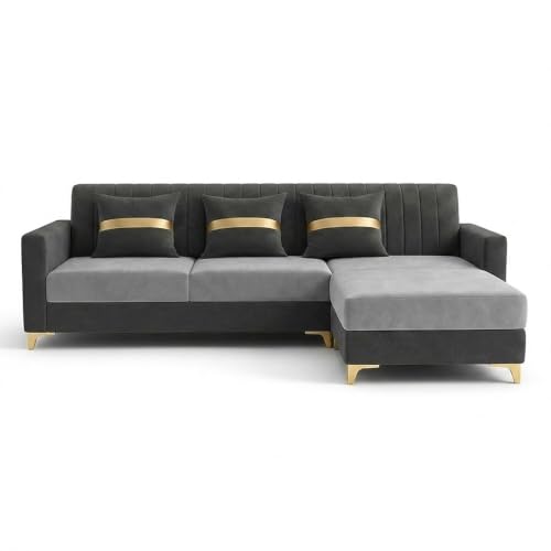 Image of CASASTYLE Signature Groovy 4-Seater L-Shape Sofa Set with Movable Ottoman | Flexible LHS /RHS Layout | Boston Fabric & Plush Cushions | 40D Foam + Zigzag Spring | 3-Yr Warranty (Dark Grey- Light Grey)