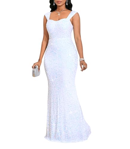 Image of dasmzper Women's Sequin Evening Gown - Elegant Sleeveless V Neck Mermaid Formal Maxi Dress for Wedding, Prom or Party