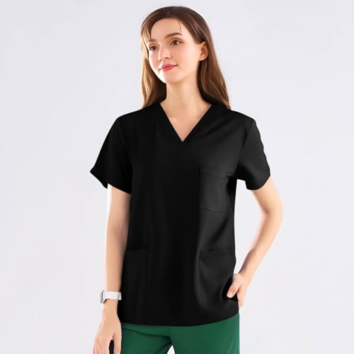 Image of FONMA Scrub Tops Women Plus Size Stretchy V-Neck Scrub Shirts with 4 Pockets Breathable Short Sleeve Nurse Uniforms