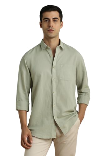 Image of Peter England Men's Solid Linen Blend Shirt Slim Fit| Casual Wear | Full Sleeves