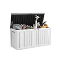 GYMHILL Outdoor Deck Box Waterproof Resin Storage Box with Lockable Indoor Outdoor Storage Bin for Patio Cushions,Patio Furniture, Gardening Tools,Pool Accessories (Black with White, 80 Gal)