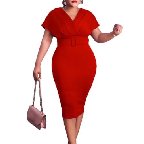 Female Clothing Sashes Solid High Waist Pencil Skirt V-Neck Pleated Zipper Elegant Midi Dress
