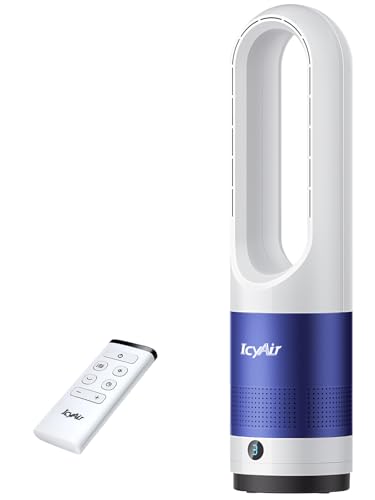 IcyAir Ventilador de torre para dormitorio, ventilador sin aspas silencioso de 35 dB con mando a distancia, ventilador oscilante 90° para interiores con 8 velocidades, temporizador de 9 horas