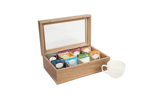 Organizador de bolsas de té con tapa, caja de almacenamiento de bolsas de té de madera de acacia con tapa magnética de acrílico transparente, caja de almacenamiento multifuncional con 8 compartimentos