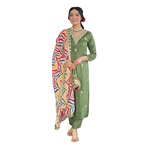 Image of Naixa Women's Viscose Embroidered Straight Kurta with Pant and Dupatta Sets (NX-467)