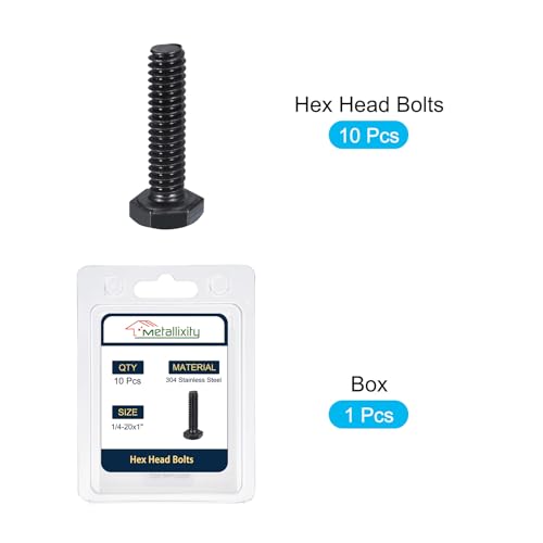 Image of METALLIXITY Hex Head Bolts (1 /4-20 x 1) 10Pcs, 304 Stainless Steel 18-8, Fully Threaded, External Hex Drive, Hex Head Screw Bolt, Black Oxide