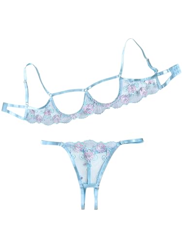 Image of Lilosy Sexy Underwire Floral Lace Sheer Lingerie Set for Women See Through Bra and Panty 2 Piece