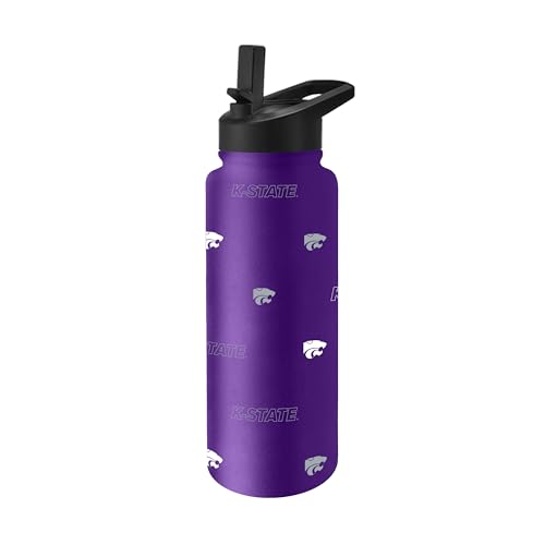 Image of Logo Brands NCAA Kansas State Wildcats Step & Repeat 34 oz Stainless Steel Quencher Bottle - All Over Logo Design, No-Spill Lid, Easy Carry Handle - Keeps Drinks Cold For Hours