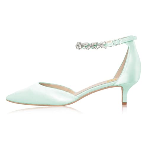 FYS Women Rhinestone Studded Ankle Strap D’ Orsay Closed Pointed Toe Strappy Low Heel Pumps Wedding Bridal Evening Party Dress Shoes Size 4-16 US